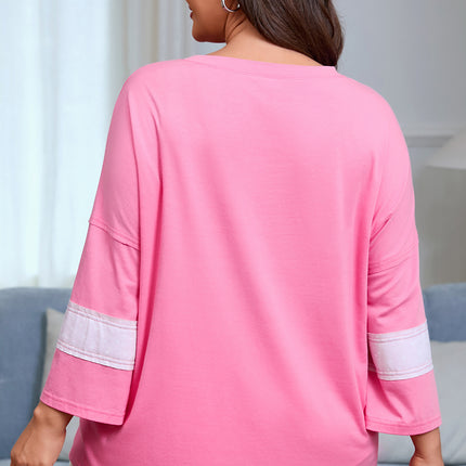 Pink Star Patched Colorblock Raw Edge Bracelet Sleeve Plus Size Loose Tee