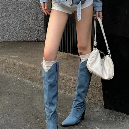 Niche Slimming V Cut Blue Waterproof Platform Western Cowboy Boot
