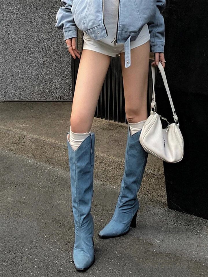 Niche Slimming V Cut Blue Waterproof Platform Western Cowboy Boot