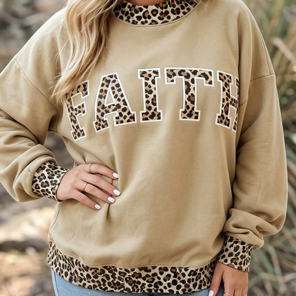 Parchment Plus Size Leopard Trim Mock Neck FAITH Graphic Sweatshirt