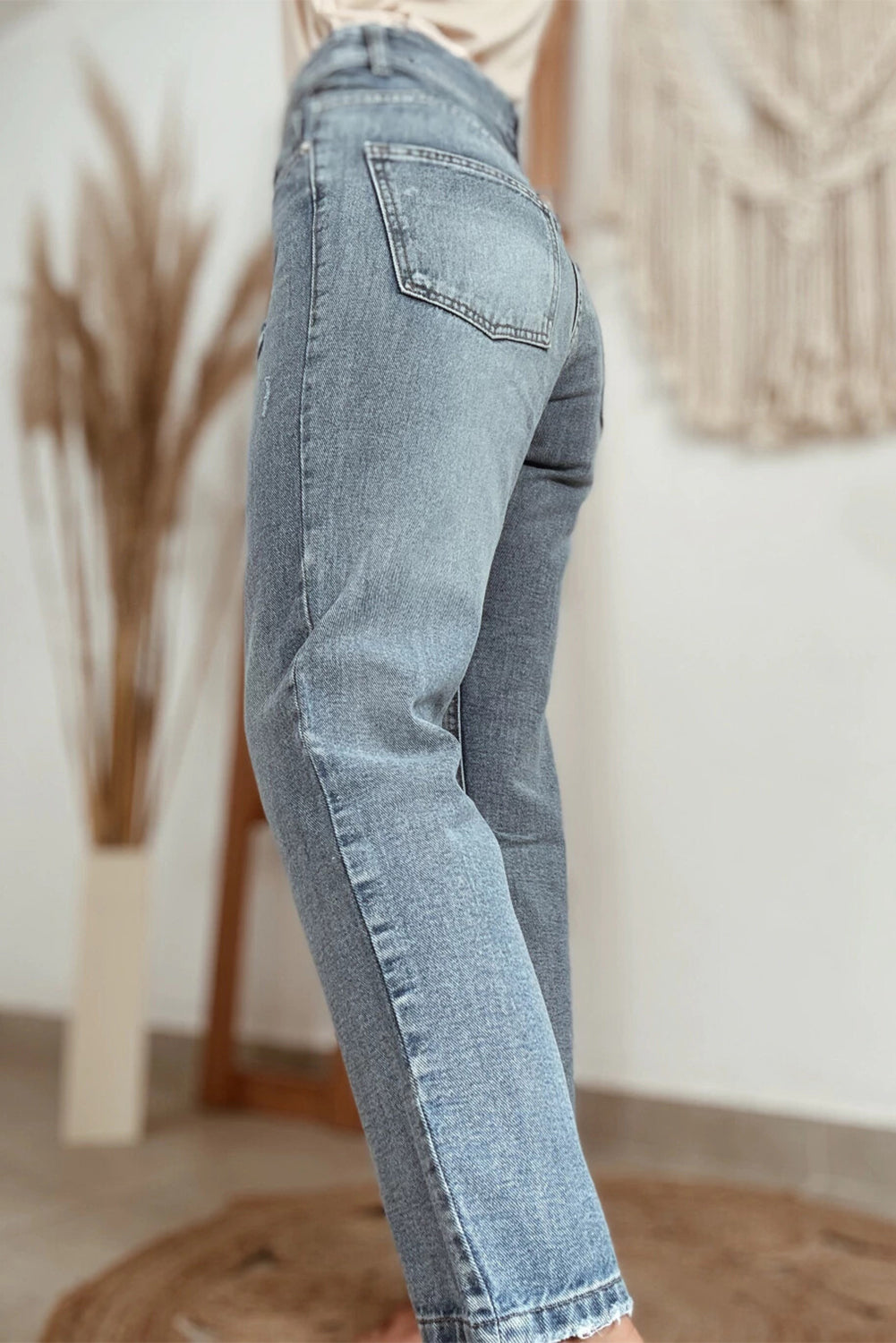 Beau Blue Slightly Distressed Ankle-length Straight Jeans