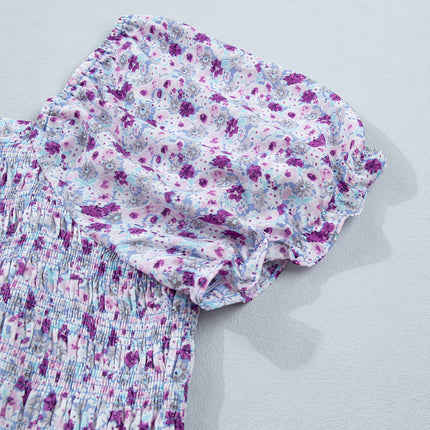 Purple Plus Size Floral Print Square Neck Smocked Maxi Dress
