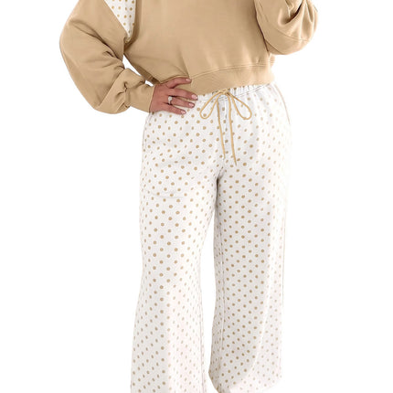 Khaki Plus Size Color Block Contrast Polka Dot Long Sleeve Top Drawstring Pants Set