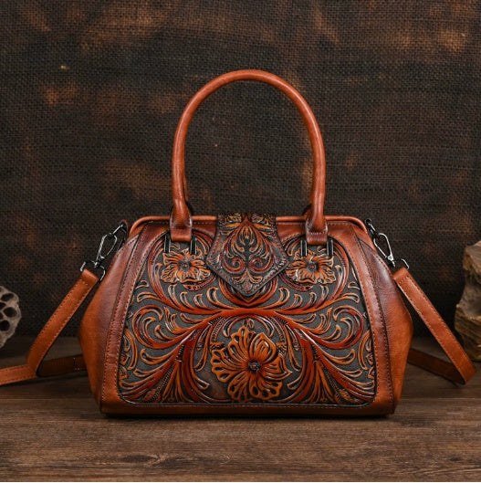 Handmade Carved One-shoulder Women's Leather Bag