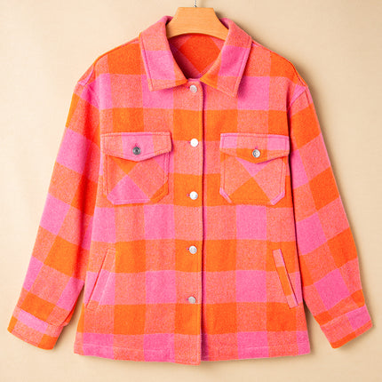 Orange Plaid Chest Pockets Button-up Turn Down Collar Jacket