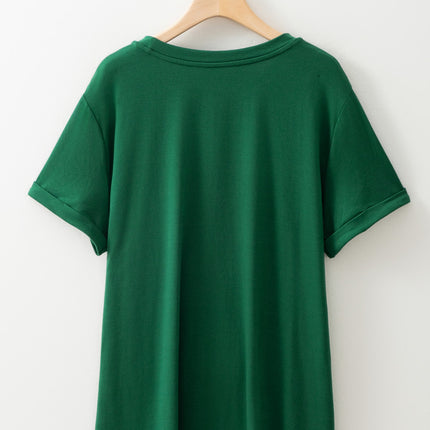 Dark Green Round Neck Rolled Sleeve Plus Size T-shirt