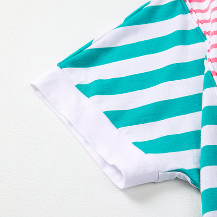 Pink Stripe Mixed Pattern Patchwork Uneven Hem Loose Tee