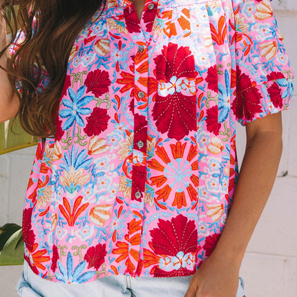 Pink Floral Print Bubble Sleeve Button Up Pleated Shirt