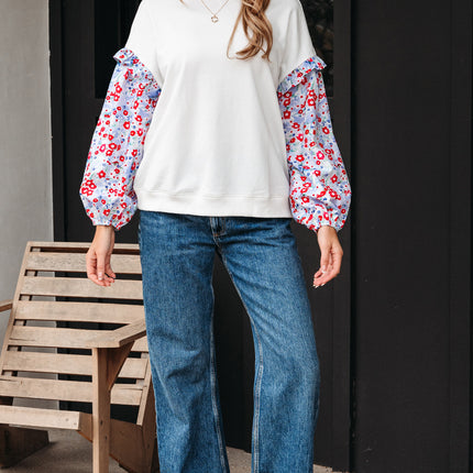White Floral Ruffled Balloon Sleeve Patchwork Loose Blouse