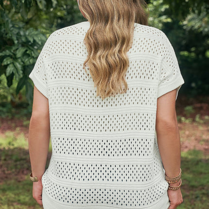 White Plus Size Eyelet Hollow Out Knit Ribbed Trim Short Sleeve Dolman Sweater
