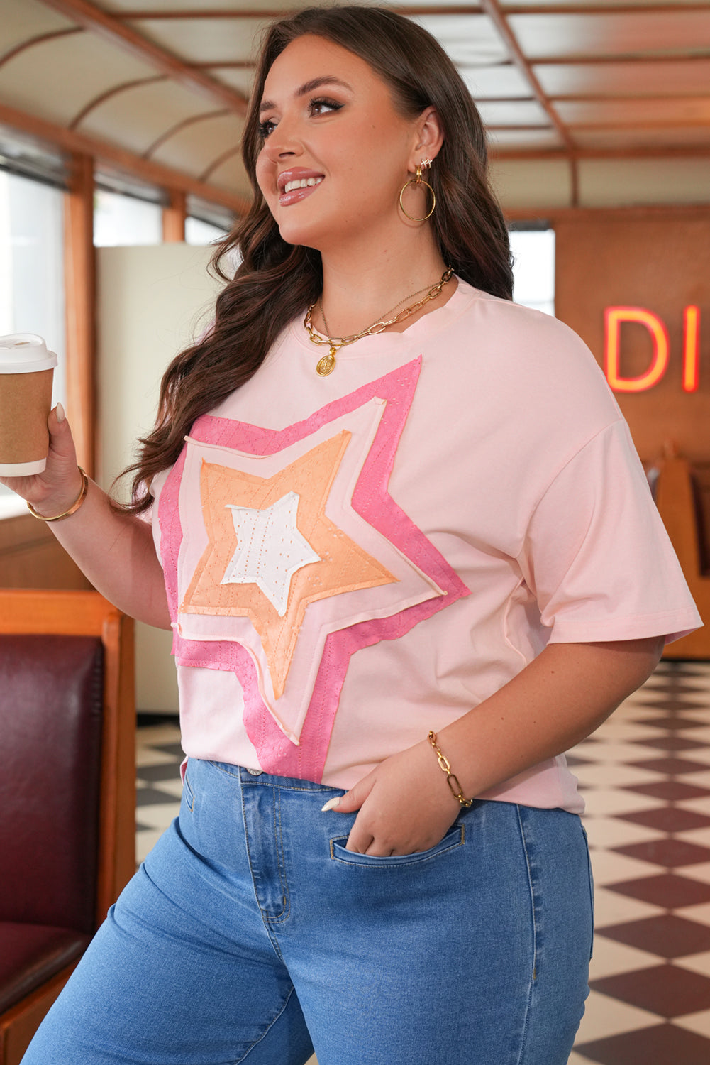 Light Pink Eyelet Lace Star Applique Plus Size T Shirt