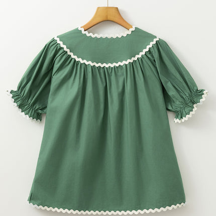 Mist Green Ric Rac Trim Tie Split Neck Short Sleeve Blouse