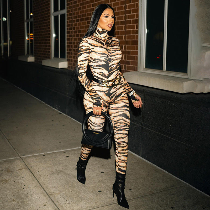 Women's Sexy Tiger Pattern Positioning Printed Turtleneck Jumpsuit