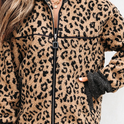 Khaki Leopard Print Zip Up Stand Neck Side Pocket Jacket