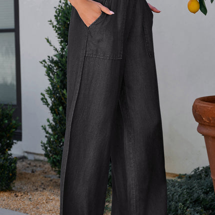 Black Side Pockets Frilled Smocked High Waist Wide Leg Jeans