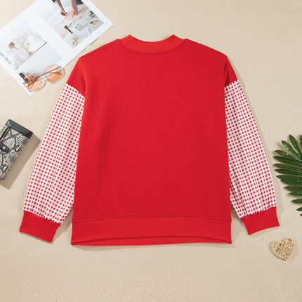 Fiery Red Patchwork Plaid Loose Fit Long Sleeve Plus Size Sweatshirt