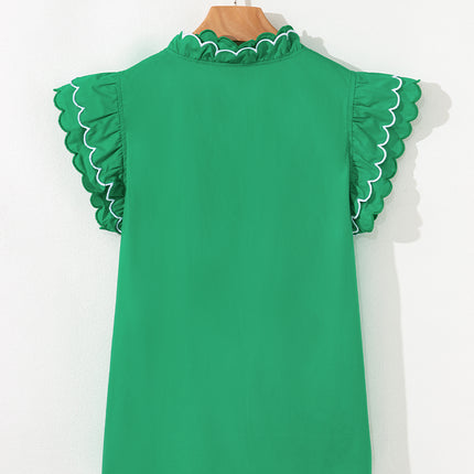 Bright Green Contrast Scallop Trim Layered Short Sleeve V Neck Blouse