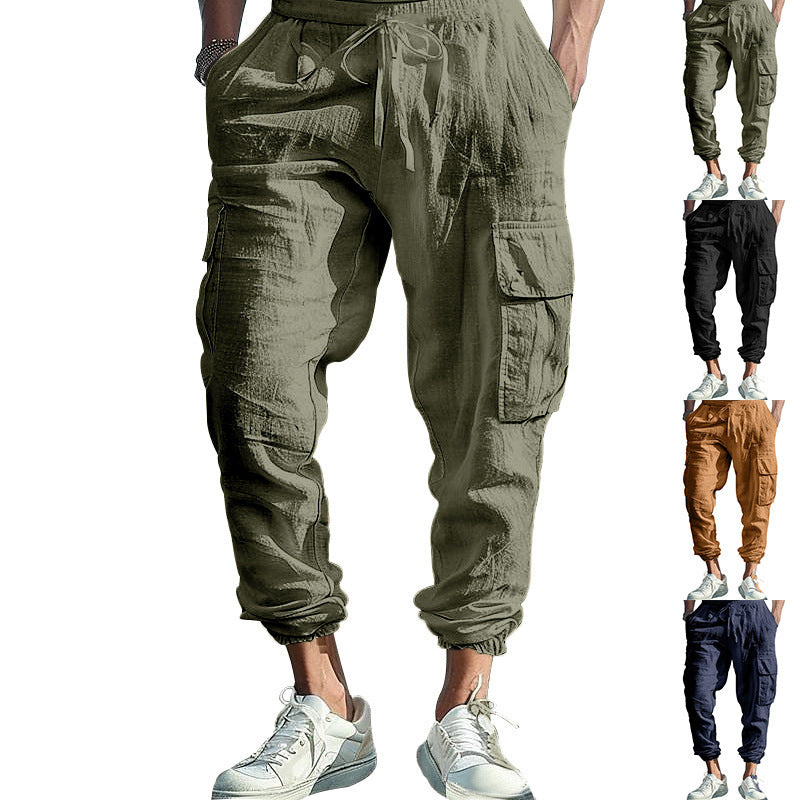 Men's Casual Trousers Ankle-tied Multi-pocket Tether Solid Color Loose