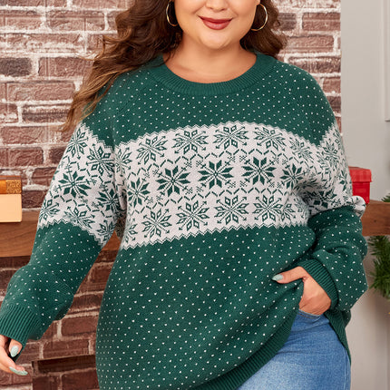 Green Christmas Snowflake Pattern Drop Shoulder Plus Size Sweater