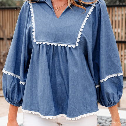 Dusk Blue Lace Ric Rac 3/4 Puff Sleeve Collared Babydoll Blouse