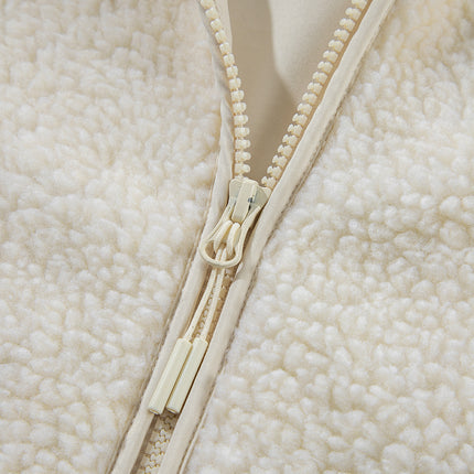 Beige Fleece Zip Up Drawstring Hooded Pocketed Jacket