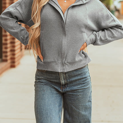 Gray Waffle Splicing Zip Up Front Button Hooded Jacket