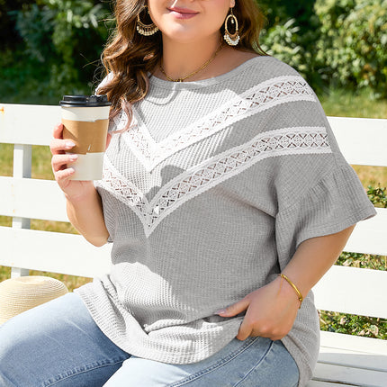 Light Grey Lace Insert Waffle Ruffle Short Sleeve Plus Size Top