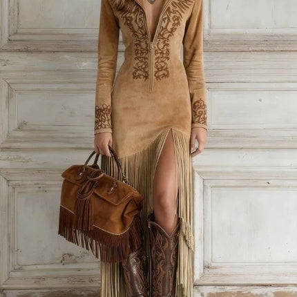 Women Retro Ethnic Tassel Floral Zipper Long Dress