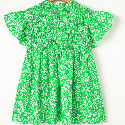 Green Floral Flutter Sleeve Shirred Notched Neck Plus Size Blouse