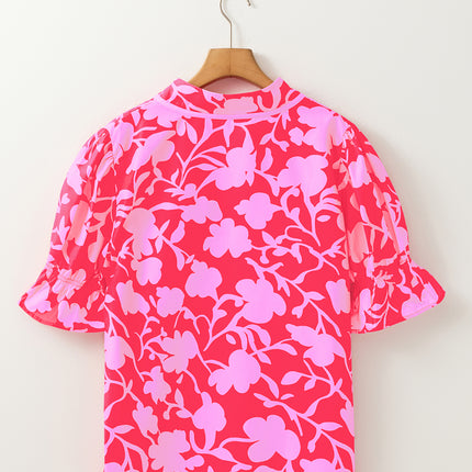 Red Floral Split V Neck Ruffled Short Sleeve Blouse Top