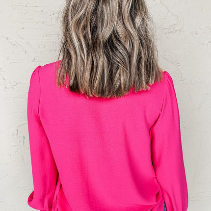 Rose Red Solid Color Shirred Cuff Notch V Neck Blouse