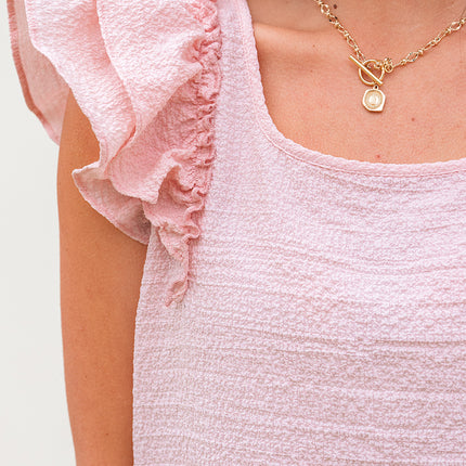 Gossamer Pink Textured Bow Knot Frilled Butterfly Sleeve Blouse