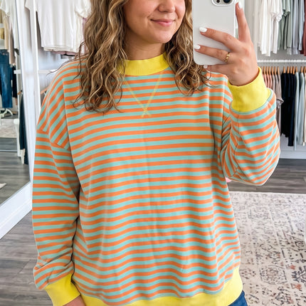 Orange Stripe High Neck Striped Colorblock Tunic Plus Size Sweatshirt