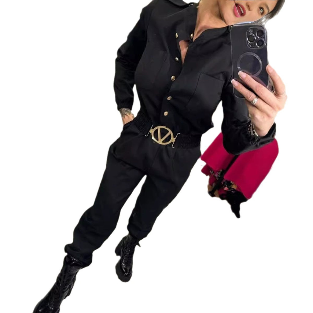 Waist-controlled Long Sleeves Casual Shirt Jumpsuit For Women