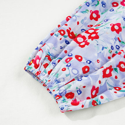 White Floral Ruffled Balloon Sleeve Patchwork Loose Blouse