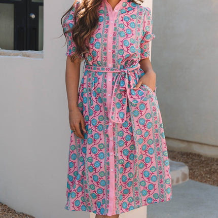 Pink Floral Shirred Puff Sleeve Buttoned Front Midi Dress with Sash