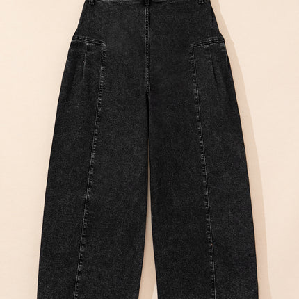 Dark Grey Pleated Wide Leg Mineral Wash Denim Pants