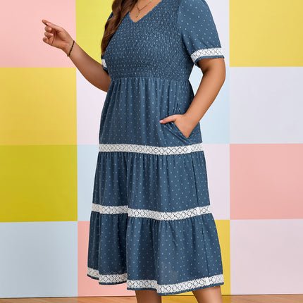 Dusk Blue Plus Size V Neck Swiss Dot Lace Patchwork Detail Flared Midi Dress
