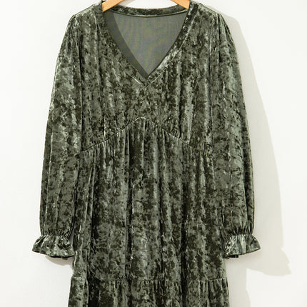 Jungle Green Plus Size Velvet Babydoll Mini Dress with Puff Sleeve