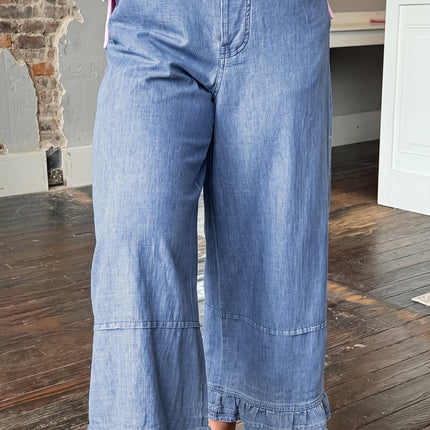 Light Blue Ruffle Hem Wide Leg Full Length Plus Size Jeans