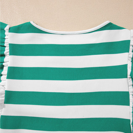Green Stripe Flutter Sleeve Round Neck T Shirt