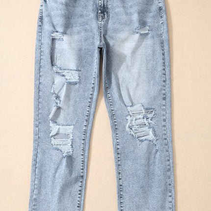 Sky Blue Light Wash Frayed Slim Fit High Waist Jeans