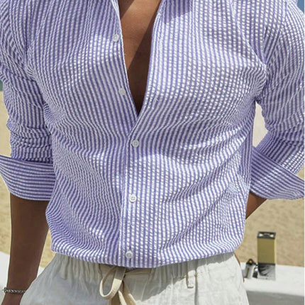Fashion Striped Cardigan Lapel Long Sleeve Shirt