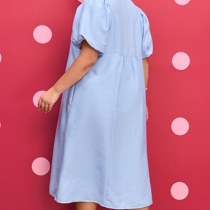 Sky Blue Stripe Shirred Detail Collar V Neck Plus Size Midi Dress