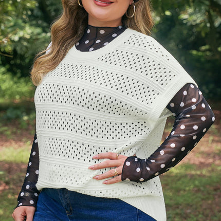 White Plus Size Eyelet Hollow Out Knit Ribbed Trim Short Sleeve Dolman Sweater