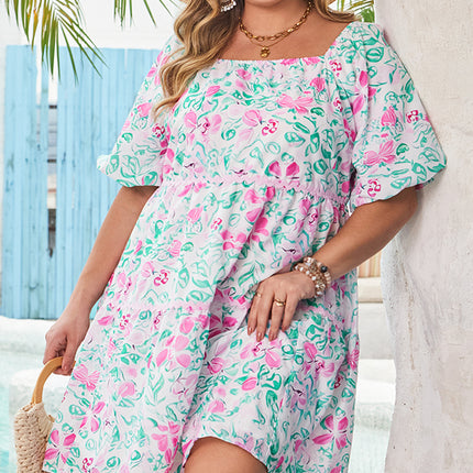 White Floral Print Ric-rac Trim Square Neck Plus Size Mini Dress