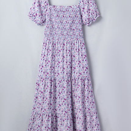 Purple Plus Size Floral Print Square Neck Smocked Maxi Dress