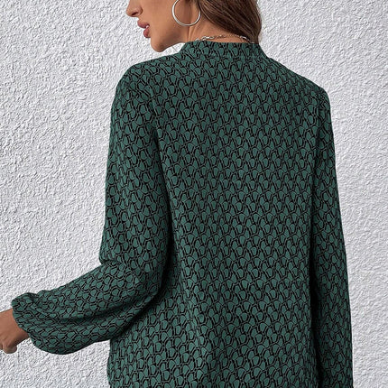 Green Geometric Print Notched Neck Puff Sleeve Blouse