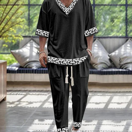 Cropped Sleeves V-neck Trousers Suit