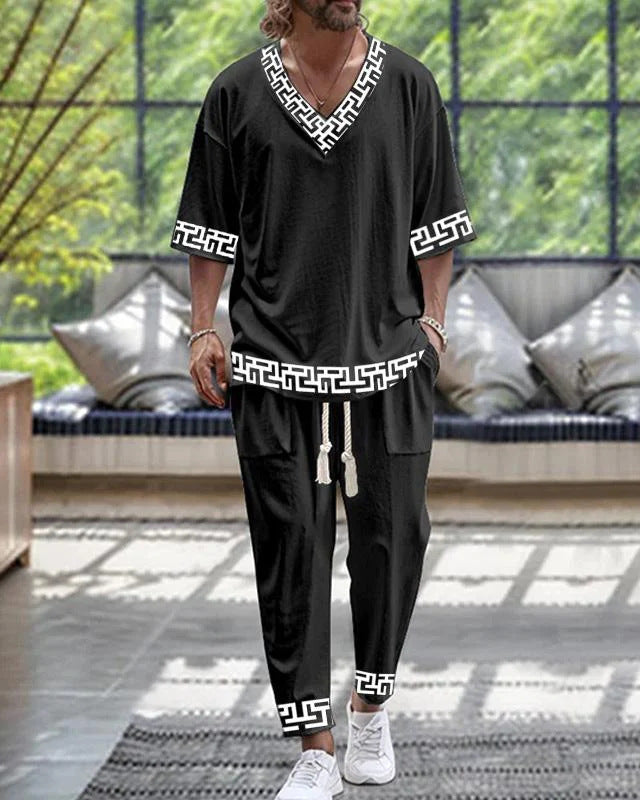 Cropped Sleeves V-neck Trousers Suit